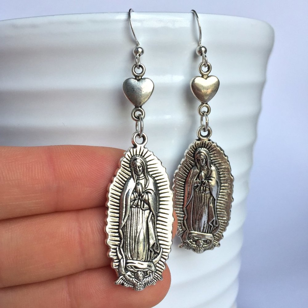 Silver Virgin Mary Heart Earrings - Picture 7 of 7